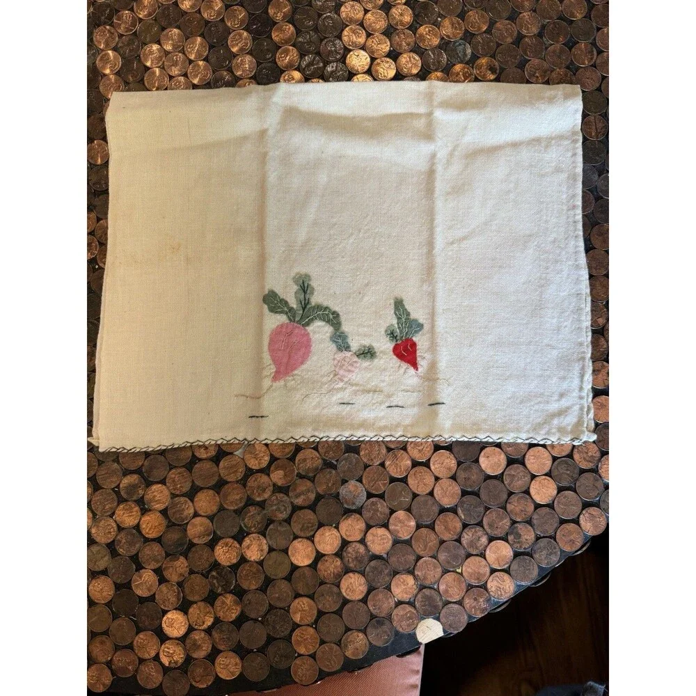 Vintage Hand Made Tea Towel with appliqué  Hand Sewn Turnips Cottage Core